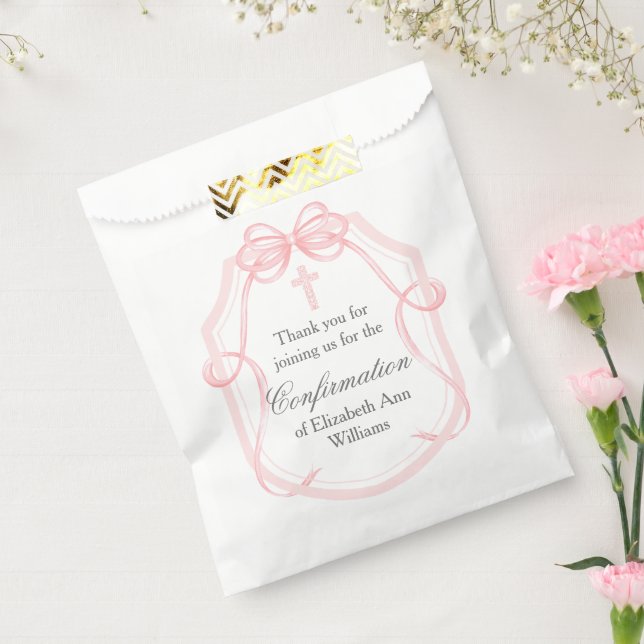 Elegant Pink Ribbon Bow Confirmation Favour Bags (Sealed)