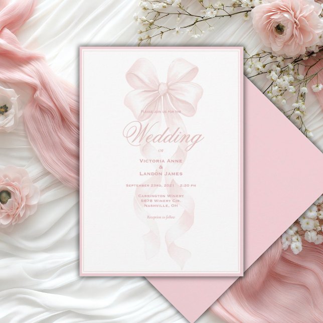 Elegant Pink Ribbon Bow Wedding Invitation (Creator Uploaded)
