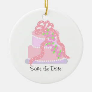 Elegant Pink Ribbon Cake Save the Date Ceramic Tree Decoration
