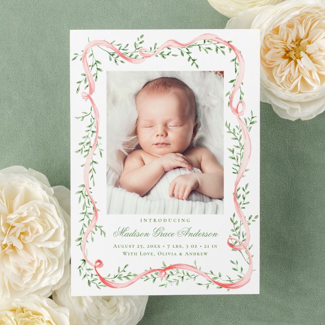 Elegant Pink Ribbon Greenery Photo Birth Announcement (Creator Uploaded)