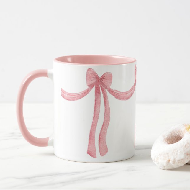 Elegant Pink Ribbon Satin Look Pretty Girly Mug (With Donut)