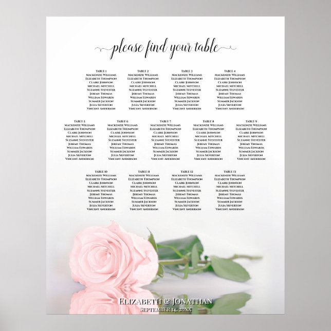 Elegant Pink Rose 13 Table Wedding Seating Chart (Front)