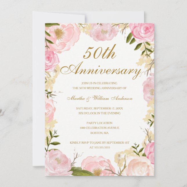 Elegant Pink Rose 50th Wedding Anniversary Invitation (Front)