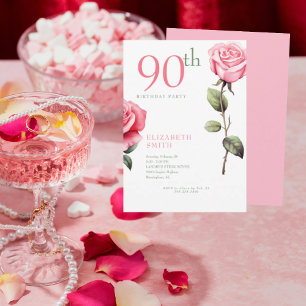 Elegant Pink Rose 90th Birthday Party Invitation