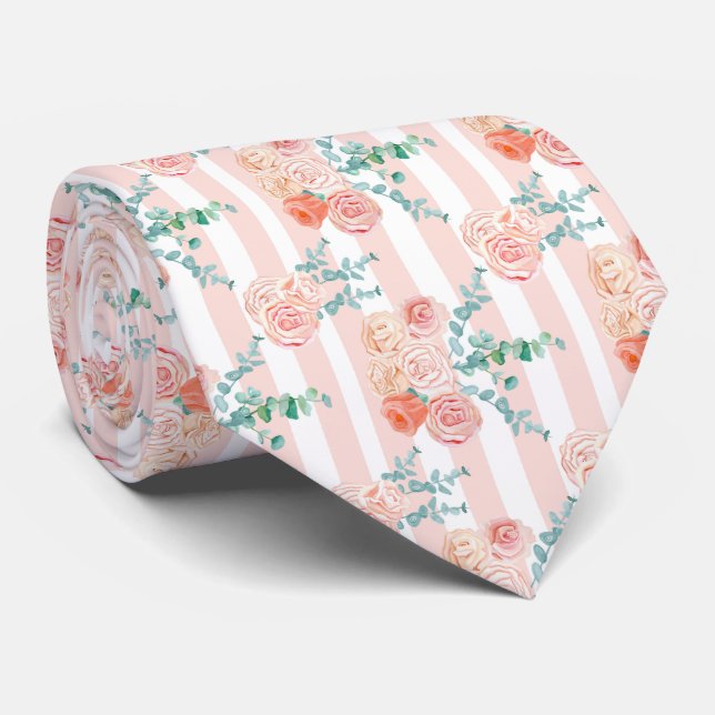 Elegant Pink Rose and Eucalyptus Necktie (Rolled)