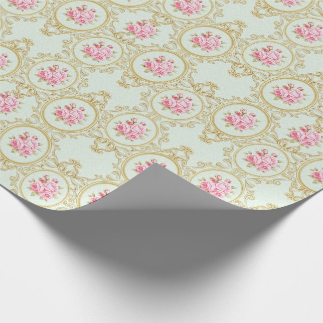 Elegant Pink Rose and Gold Baroque Frame Wrapping Paper (Corner)