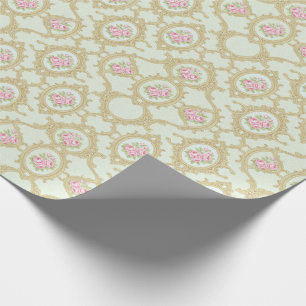 Elegant Pink Rose and Gold Baroque Frame Wrapping Paper
