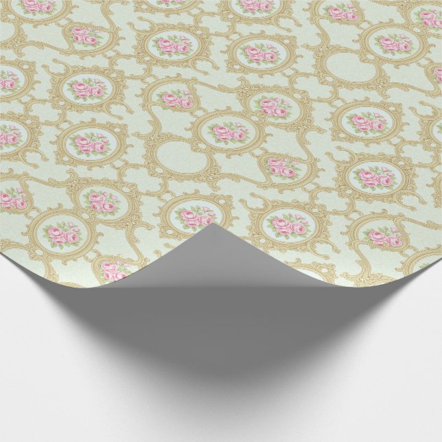 Elegant Pink Rose and Gold Baroque Frame  Wrapping Paper (Corner)