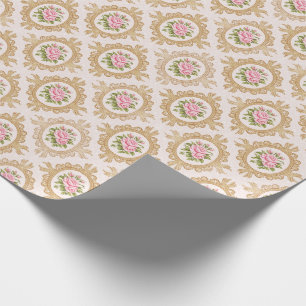 Elegant Pink Rose and Gold Baroque Frame Wrapping Paper