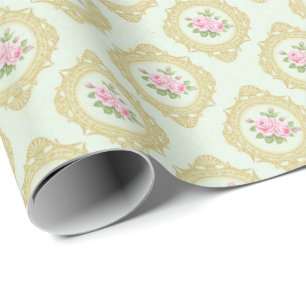 Elegant Pink Rose and Gold Frame Wrapping Paper