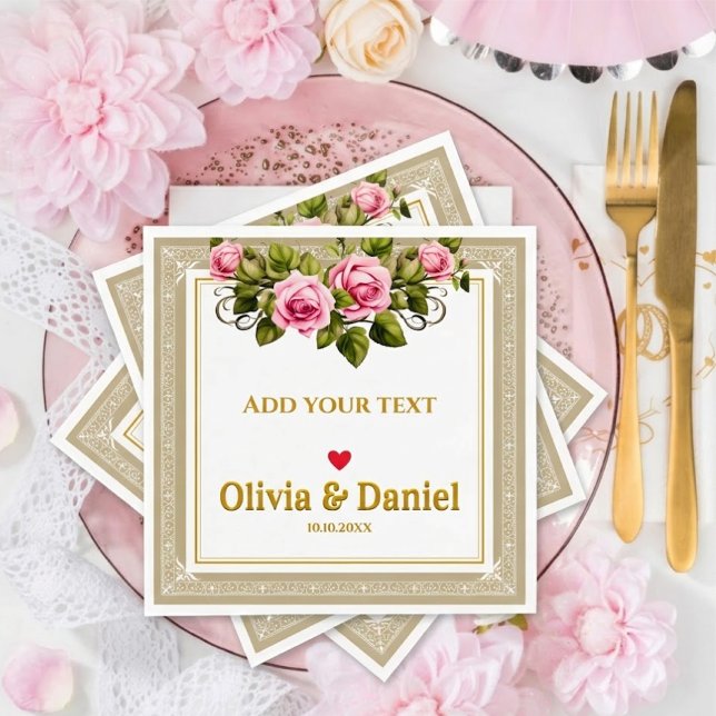 Elegant Pink Rose and Gold Script Wedding Napkin (Creator Uploaded)