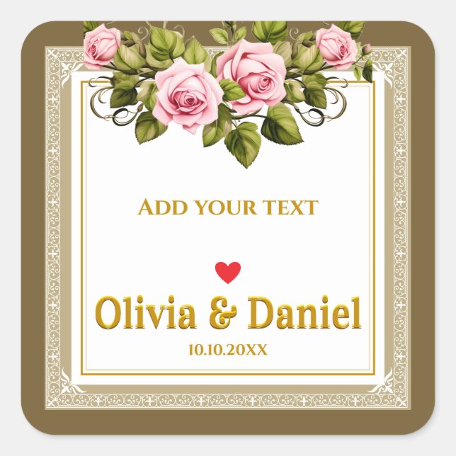 Elegant Pink Rose and Gold Script Wedding Square Sticker (Front)