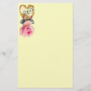 ELEGANT PINK ROSE AND GOLD SWIRLS MONOGRAM ,Cream Stationery
