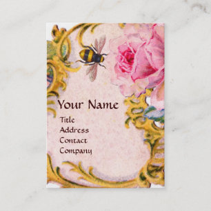 ELEGANT PINK ROSE AND HONEY BEE BEEKEEPER MONOGRAM BUSINESS CARD