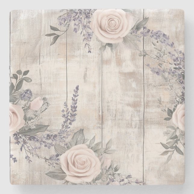 Elegant Pink Rose and Lavender Stone Coaster (Front)