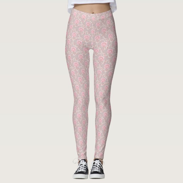 Elegant Pink Rose and Leaf All Over Print Leggings (Front)