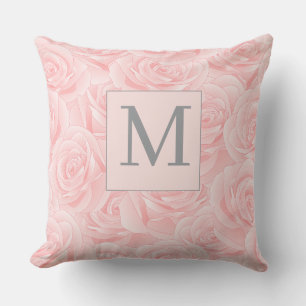 Elegant Pink Rose and Monogram Initial Cushion