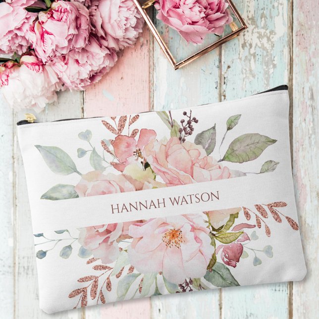 Elegant Pink Rose and Peony Floral Bouquet  Accessory Pouch (In situ)