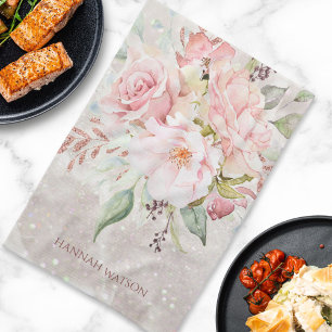 Elegant Pink Rose and Peony Floral Bouquet Tea Towel