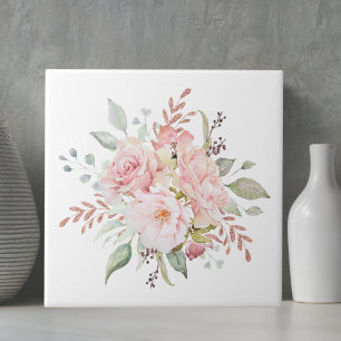 Elegant Pink Rose and Peony Floral Bouquet Tile