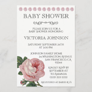 Elegant Pink Rose Baby Girl Shower Invitations