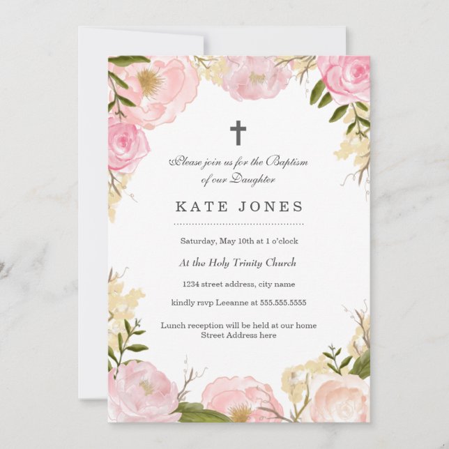 Elegant Pink Rose Baptism Invitation (Front)