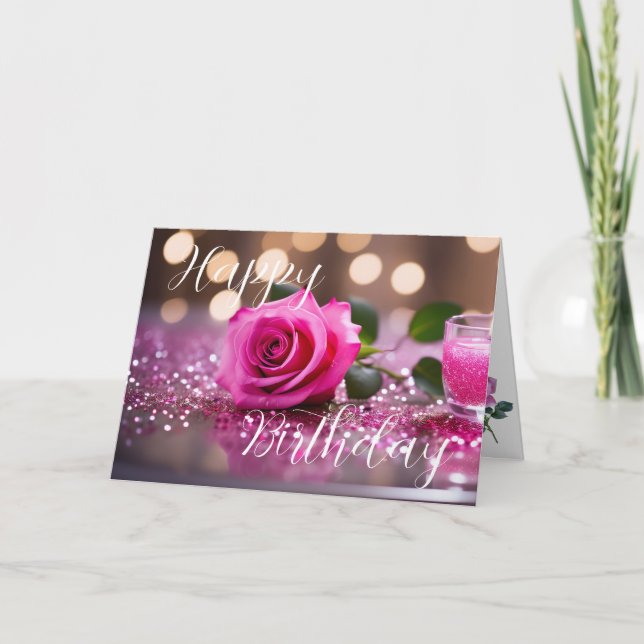 Elegant Pink Rose Birthday Greeting Card (Front)