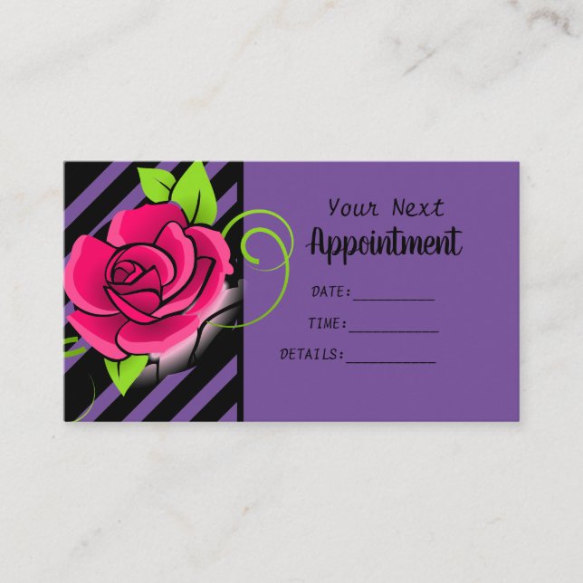 Elegant Pink Rose Black & Purple Striped Salon Appointment Card (Front)