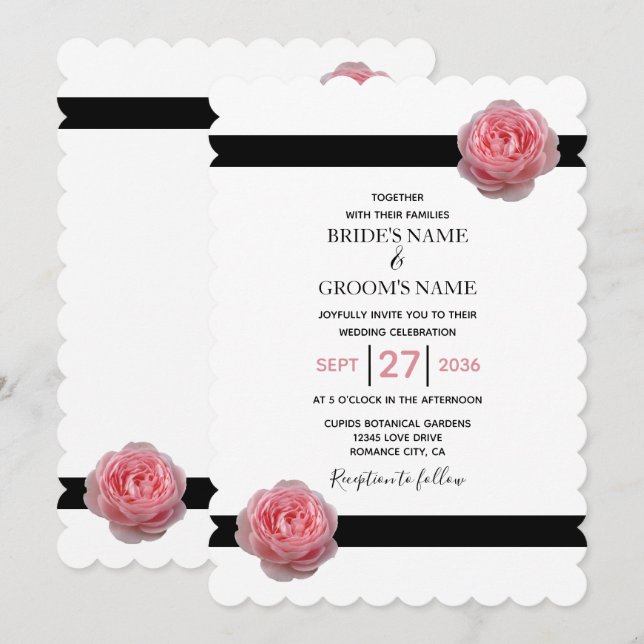 Elegant Pink Rose Black Ribbon Wedding Invitations (Front/Back)