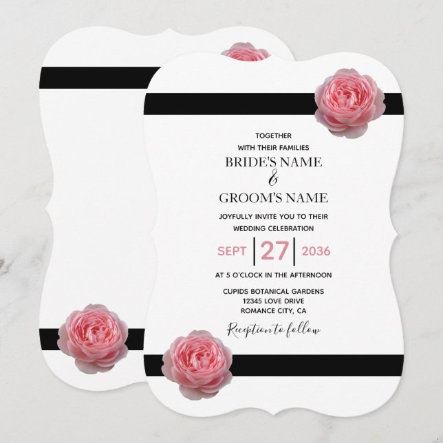 Elegant Pink Rose Black Ribbon Wedding Invitations (Front/Back)