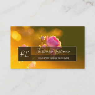 Elegant pink rose blossom grey rectangle monogram  business card