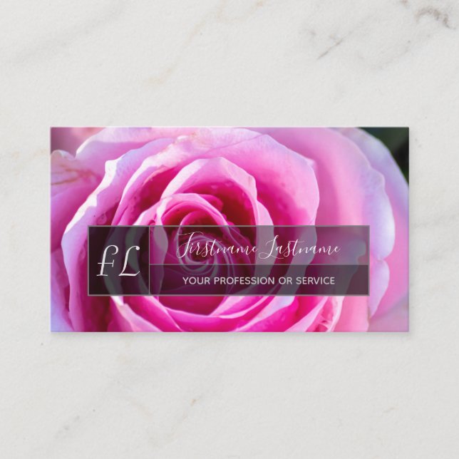 Elegant pink rose blossom grey rectangle monogram  business card (Front)