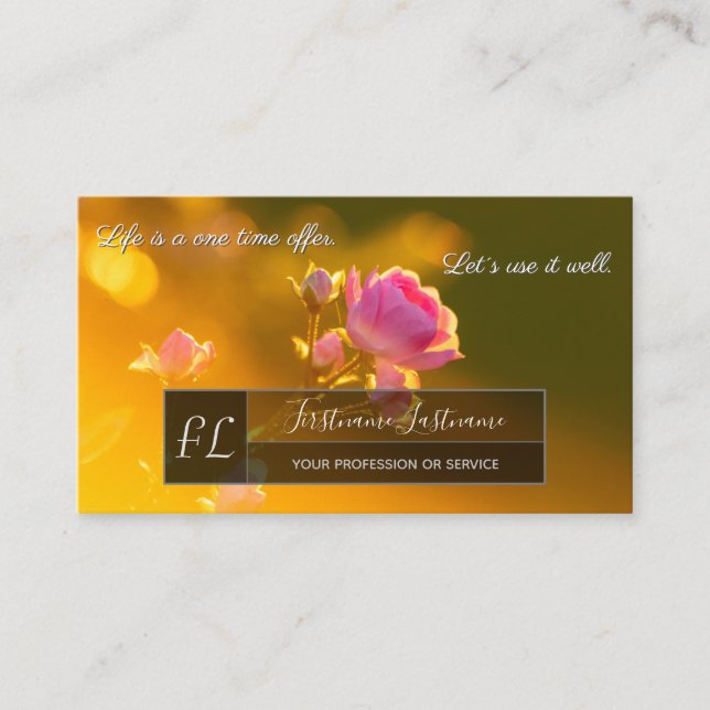Elegant pink rose blossom grey rectangle monogram  business card (Front)