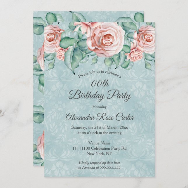 Elegant Pink rose blue floral Birthday Party Invitation (Front/Back)