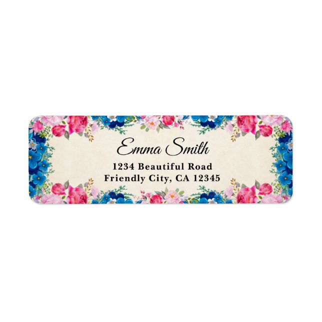Elegant Pink Rose Blue Flower Return Address Label (Front)