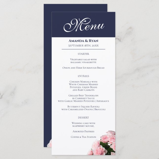 Elegant Pink Rose Bouquet Floral Wedding Menu (Front/Back)