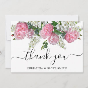 Elegant Pink Rose Bouquet Flowers Wedding Thank You Card
