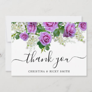 Elegant Pink Rose Bouquet Flowers Wedding Thank You Card