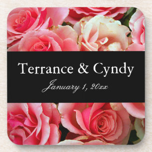 Elegant Pink Rose Bouquet Personalise Coaster