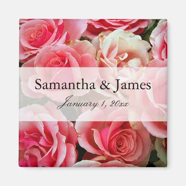 Elegant Pink Rose Bouquet Personalised Wedding Magnet (Front)