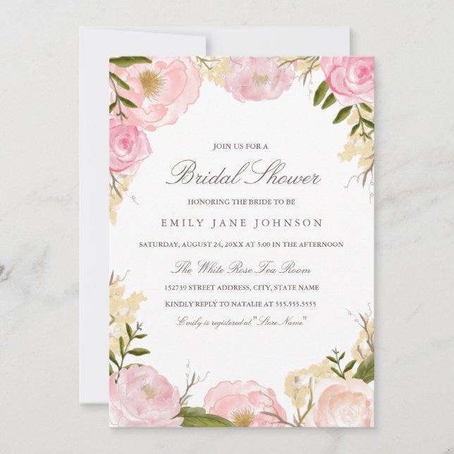 Elegant Pink Rose Bridal Shower Invitation (Front)