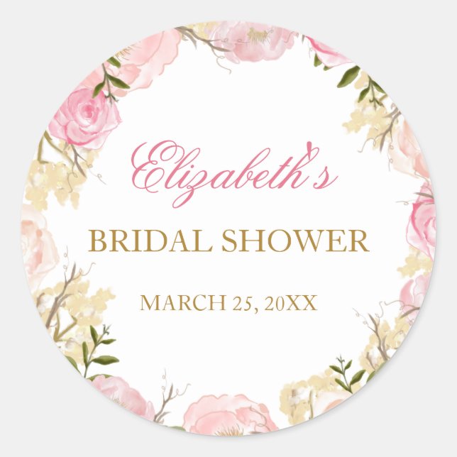 Elegant Pink Rose Bridal Shower Sticker (Front)