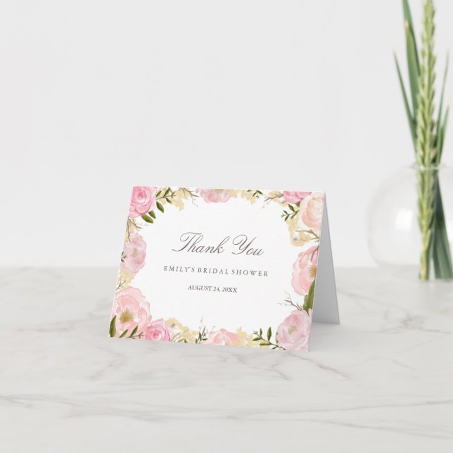 Elegant Pink Rose Bridal Shower Thank You Card (Front)