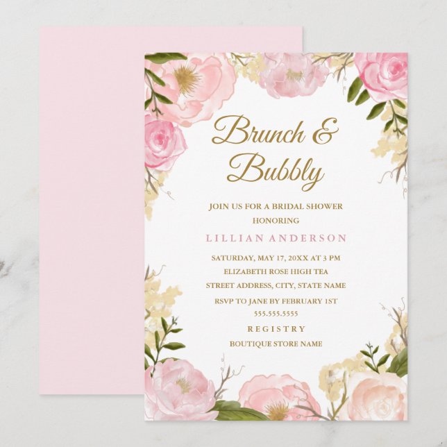 Elegant Pink Rose Brunch and Bubbly Bridal Shower Invitation (Front/Back)