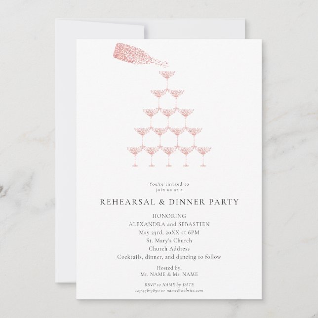Elegant Pink Rose Champagne Tower Rehearsal Dinner Invitation (Front)