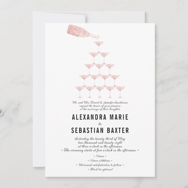 Elegant Pink Rose Champagne Tower Script Wedding Invitation (Front)
