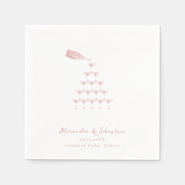 Elegant Pink Rose Champagne Tower Script Wedding Napkin (Front)