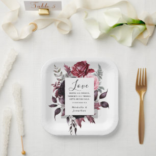 Elegant Pink Rose Dark Grey Leaves Bible Wedding Paper Plate