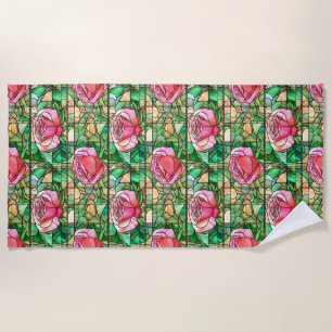 Elegant Pink Rose Faux Stained Glass Pattern Beach Towel