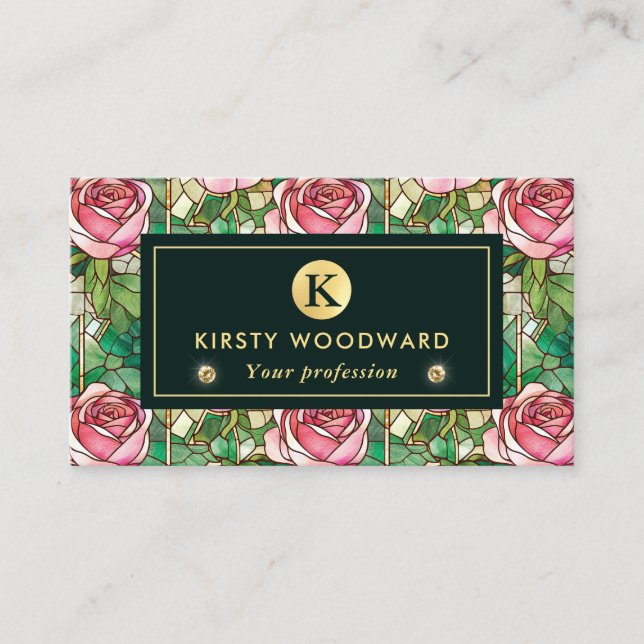 Elegant Pink  Rose Faux Stained Glass Pattern Business Card (Front)